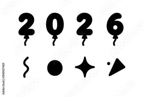 Party Balloons Icons. Party balloons 2026. Filled icon set of party balloons 2026: numeral 2 balloon, numeral