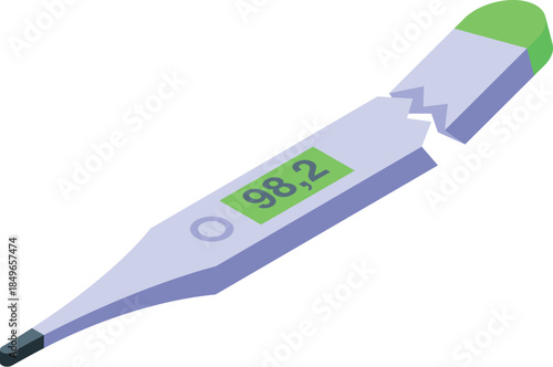Broken digital clinical thermometer is showing normal temperature reading of 98.2 degrees fahrenheit