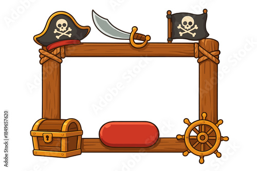 Pirate Themed Game Frame with Treasure Chest and Ship's Wheel