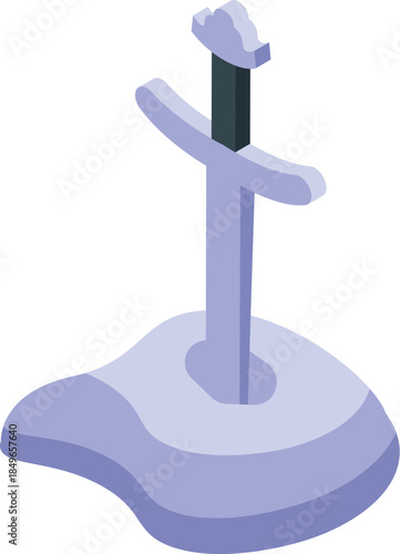 Legendary sword in the stone waiting to be pulled by the rightful king, isometric view