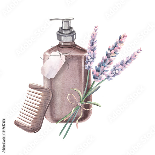 Dispenser bottle, blank label, lavender bouquet, comb. Hand-painted watercolor illustration shampoo, conditioner vial isolated on white for eco cosmetics, skin, hair care product packaging, design