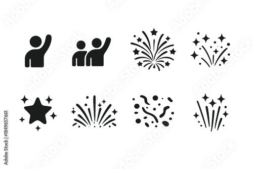 Fireworks Silhouettes Collection. Crowd silhouettes with fireworks. Filled icon set of crowd silhouettes with