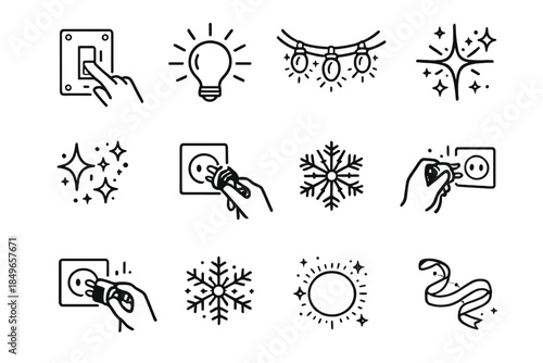 Holiday Lights Icon Set. Turning on holiday lights moment-shot. Line outline icon set of Turning on holiday