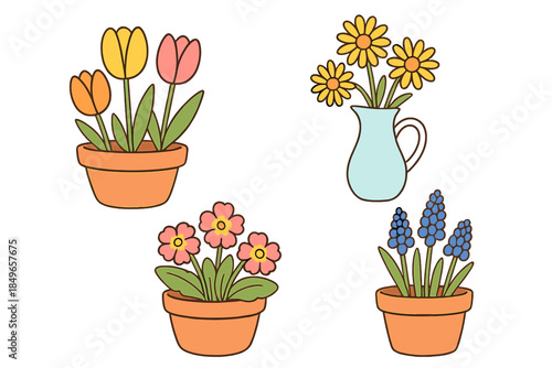 Spring floral arrangement with potted flowers and vase