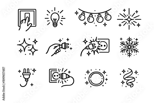 Holiday Lights Icon Set. Turning on holiday lights moment-shot. Line outline icon set of Turning on holiday
