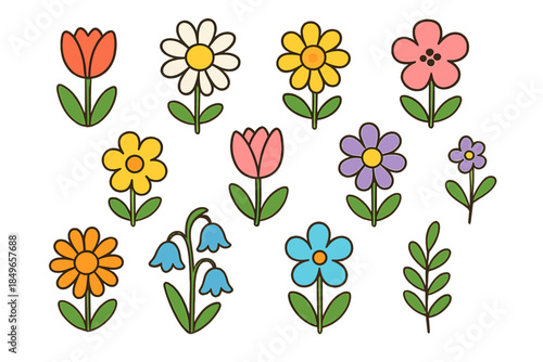 Cute Cartoon Flowers Collection on Blurred Background
