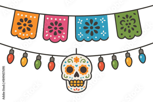 Dia de Muertos skull with papel picado and lights