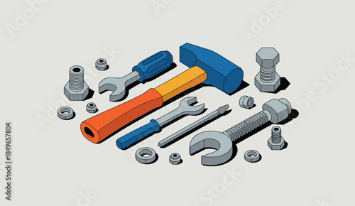 Isometric Arrangement of Assorted Tools and Fasteners on a Light Grey Surface hammer wrench