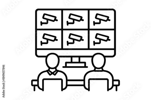 Security guard monitoring multiple surveillance cameras on a screen