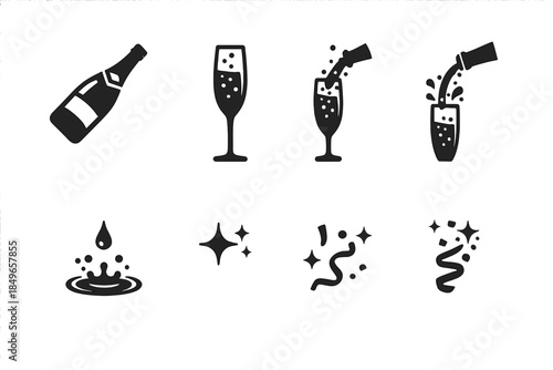 Bubbly Celebration Icons. Pouring bubbly moment. Filled icon set of pouring bubbly moment: wine bottle, tall