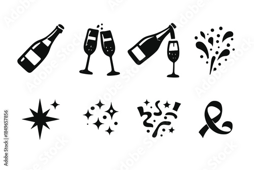 Champagne Icon Set. Champagne pouring scene. Filled icon set of champagne pouring scene: bottle block, glass