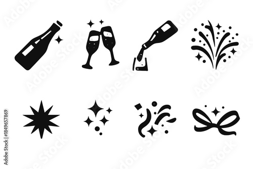 Champagne Icon Set. Champagne pouring scene. Filled icon set of champagne pouring scene: bottle block, glass