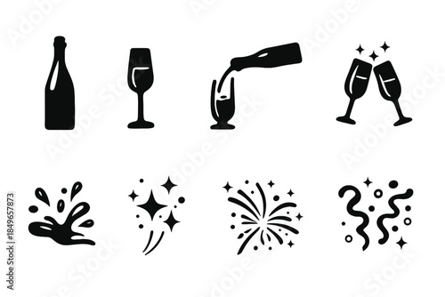 Silhouettes Icon Set. Pour-and-toast silhouettes. Filled icon set of pour-and-toast silhouettes: bottle