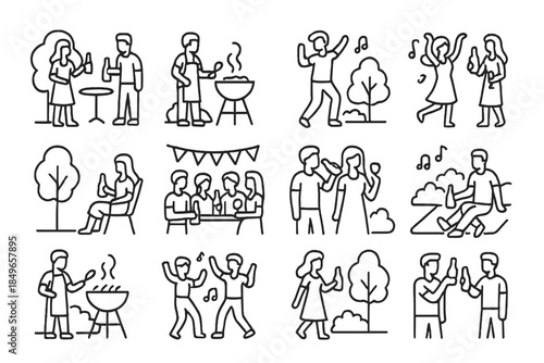 Outdoor Party and Barbecue Line Icons