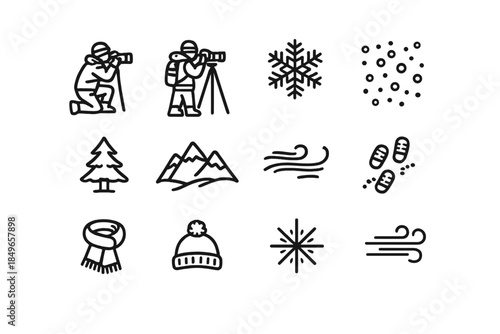 Winter Photography Icons. People photographing winter nature. Line outline icon set of People photographing