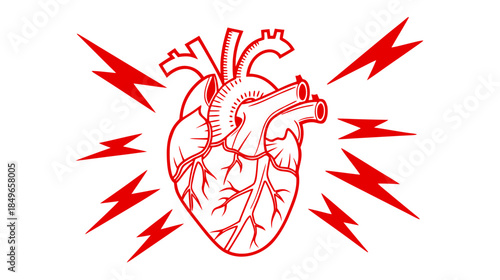 Anatomical heart with electric shock vector illustrating cardiac emergency and pain concept.