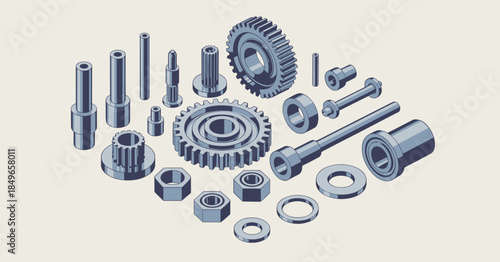 Isometric Collection of Industrial Machine Parts and Fasteners mechanical engineering