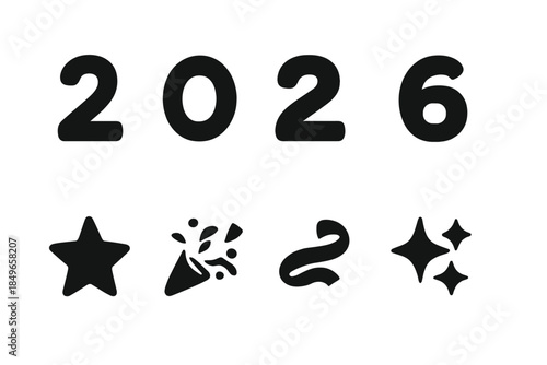 2026 Icon Set. 2026 themed icons. Filled icon set of 2026 themed icons: digit 2, digit 0, digit 2 alt, digit 6