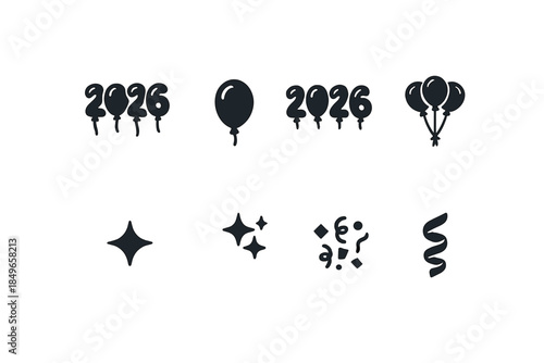 Decoration Icon Set. 2026 decoration elements. Filled icon set of 2026 decoration elements: 2 balloon form, 0