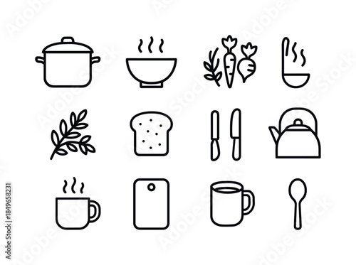 Soup Icon Collection. Hearty soups photography. Line outline icon set of Hearty soups photography: soup bowl,