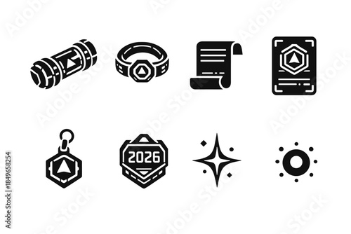 Memory Vault Icons. Memory vault 2026. Filled icon set of memory vault 2026: storage tube, seal band, paper