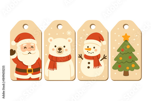Cute Christmas Gift Tags Featuring Santa, Polar Bear, Snowman, and Tree