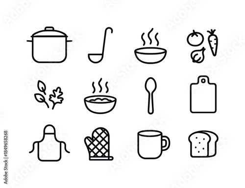 Family Dinner Icons. Family dinner cooking. Line outline icon set of Family dinner cooking: large pot, wooden