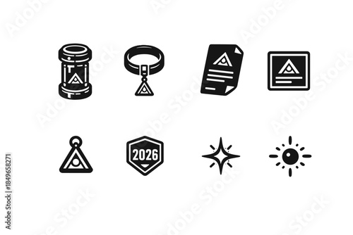 Memory Vault Icons. Memory vault 2026. Filled icon set of memory vault 2026: storage tube, seal band, paper