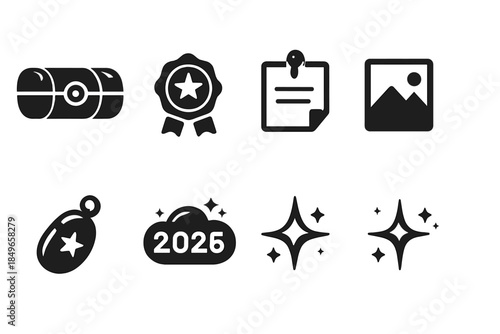 Futuristic Icon Grid. 2026 future box. Filled icon set of 2026 future box: tube box, closure seal, note slip,