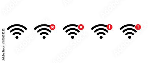 Wifi connection icon set with error and alert icon. Wireless network status, internet problem, and signal warning symbol
