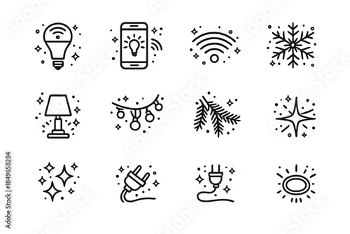 Smart Winter Lighting Icons. Smart home lighting with winter décor. Line outline icon set of Smart home