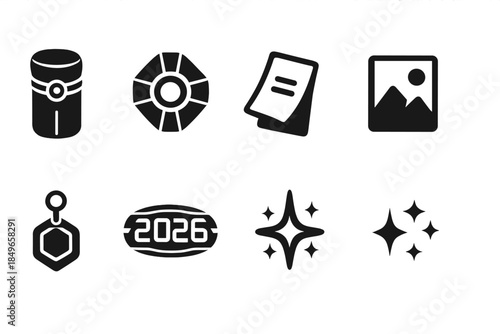 Futuristic Icon Grid. 2026 future box. Filled icon set of 2026 future box: tube box, closure seal, note slip,