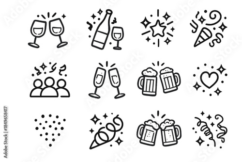 Festive Drink Icons. Festive drink cheers. Line outline icon set of Festive drink cheers: clinking glasses,