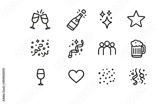 Celebration Icon Set. Celebration together. Line outline icon set of Celebration together: clinking glasses,