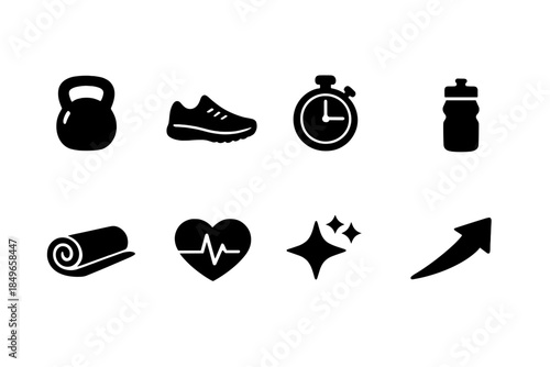 Fitness Icon Set. Fitness resolution icons. Filled icon set of fitness resolution icons: kettlebell, running