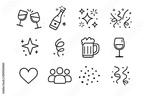 Celebratory Icon Set. Drink toast moment. Line outline icon set of Drink toast moment: glasses clinking,