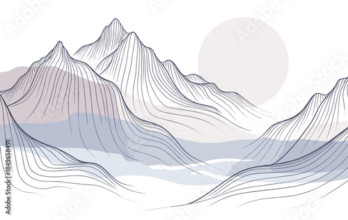 Minimalist Line Art Landscape With Mountains And Sun In Soft Colors vector illustration
