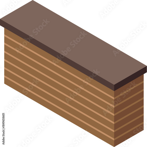 Cash desk counter with horizontal wooden boards and brown top surface in isometric view