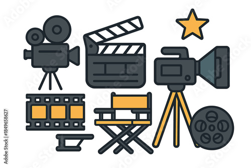 Cinema icons and symbols on dark background