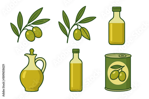 Olive oil collection with branches, bottles, pitcher and can