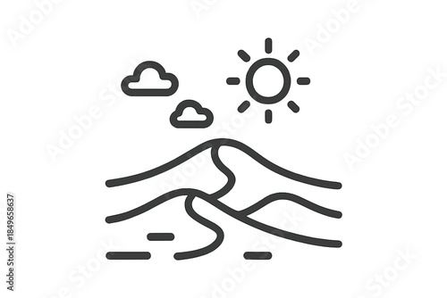 Desert landscape with sun and clouds line art icon