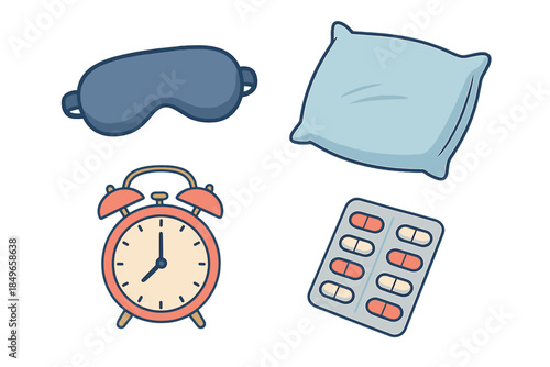 Sleep aids collage with eye mask, pillow, alarm clock, and pills