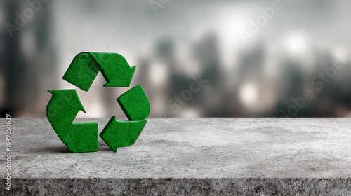 Bright green recycle symbol made of eco-friendly material rests on a rugged surface, symbolizing environmental responsibility in an urban setting bathed in soft light