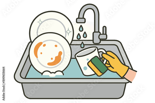 Washing dishes in a sink with a sponge