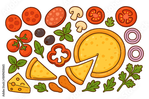Cartoon Pizza Ingredients Flat Lay