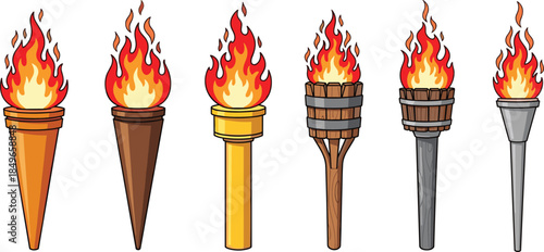Cartoon flaming torch illustration set, fire torch icons collection, ancient olympic torches, burning flame symbols, isolated white background vector art