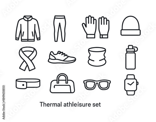 Winter Gear Icons. Snow-day training outfits. Line outline icon set of Snow-day training outfits: insulated