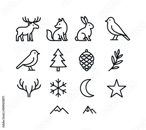 Black Winter Icons. Quiet winter evening. Filled icon set of quiet winter evening: cabin window glow, smoke