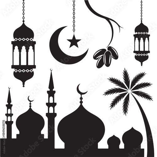 Festive ramadan kareem design featuring crescent moon, lanterns, and dates