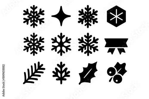 Intricate Snowflake Icons. Snowflakes forming intricate geometric crystal patterns. Filled icon set of